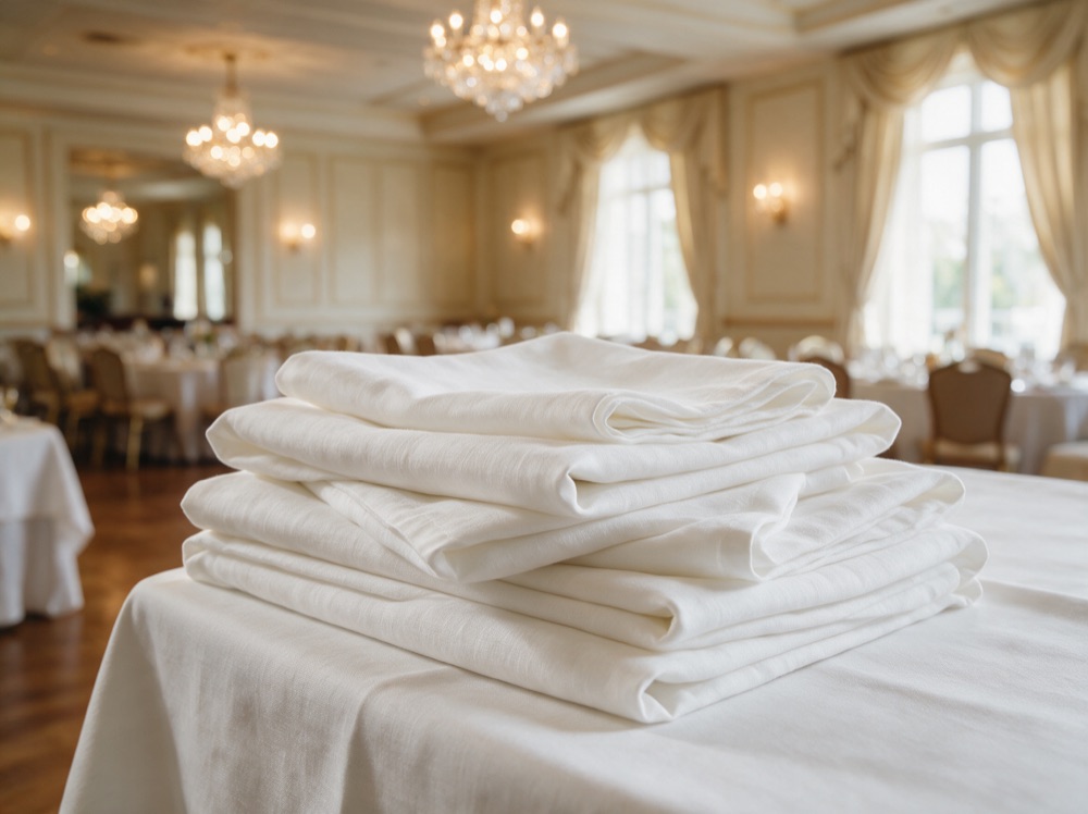 Folded white linen tablecloths and napkins