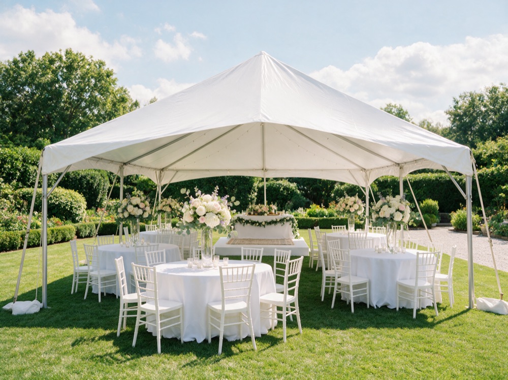 White event tent with tables and chairs