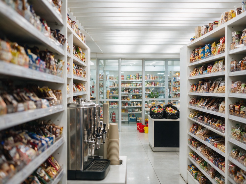 Convenience store interior with coffee station