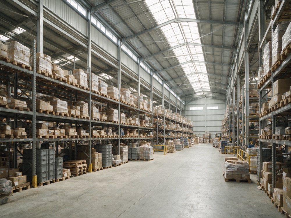 Warehouse distribution center with shelving