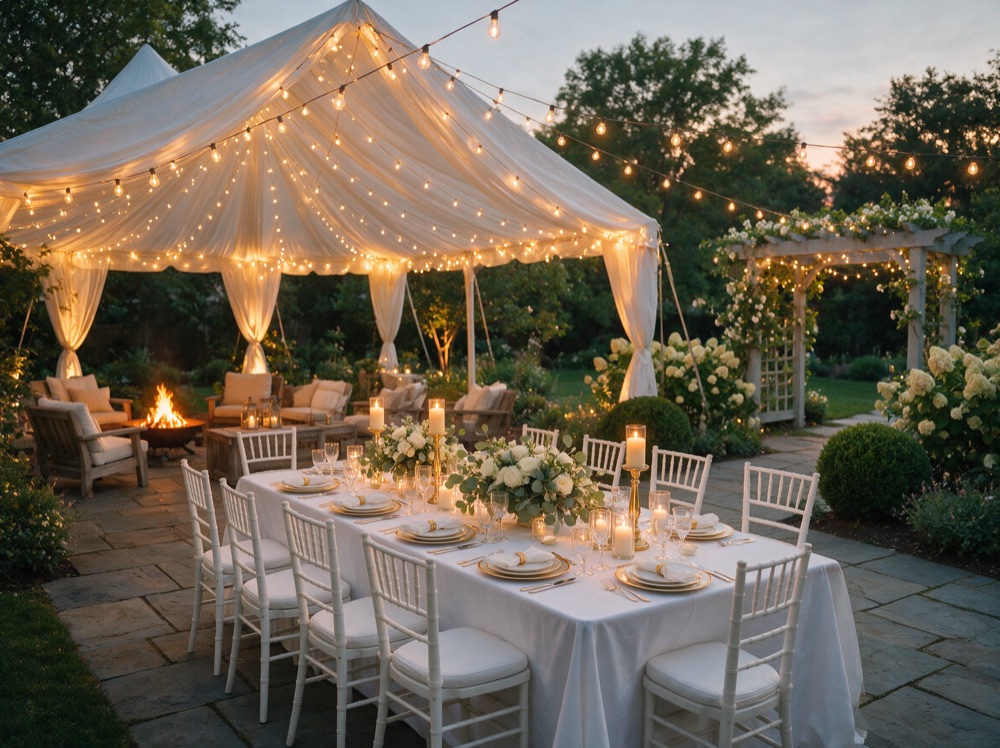 Private backyard party with a tent and string lights